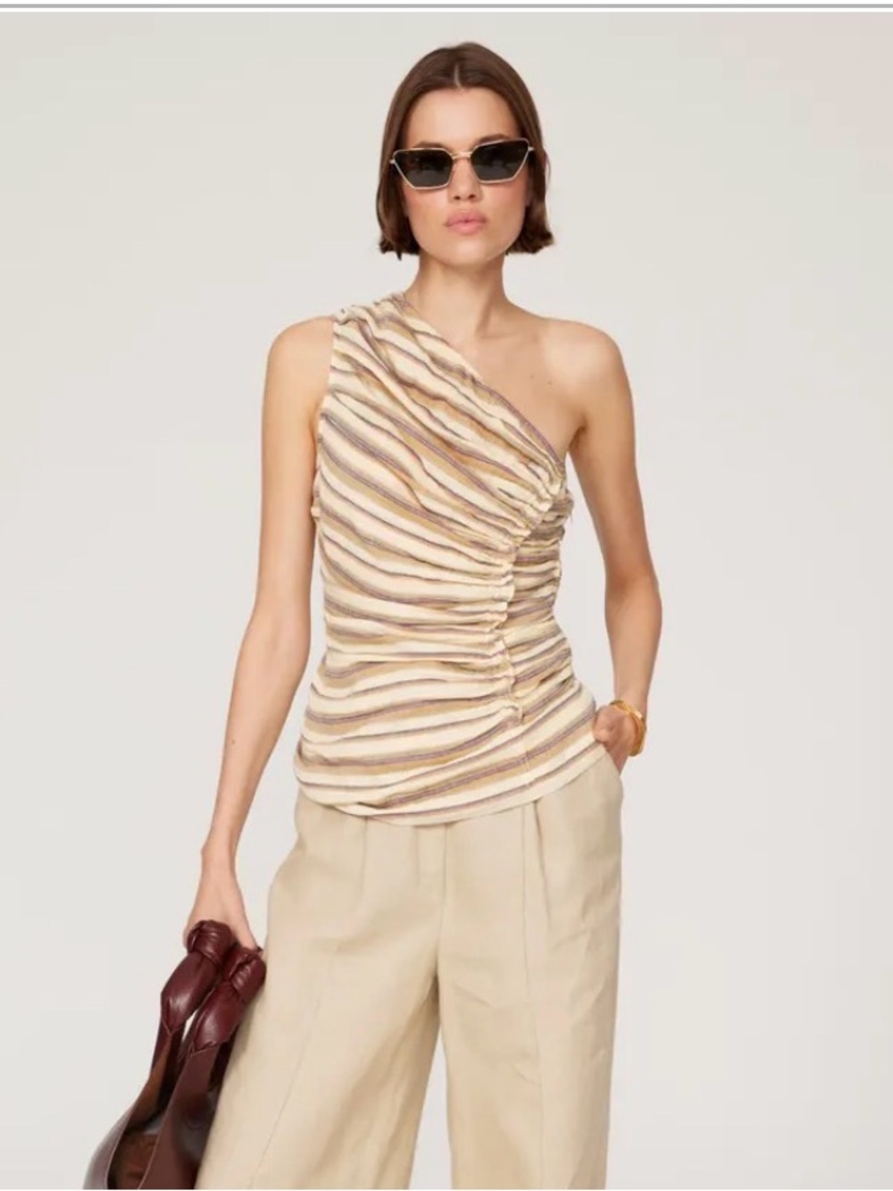 Ulla Johnson One-Shoulder Striped Cream and Taupe Top - Picture 2 of 7